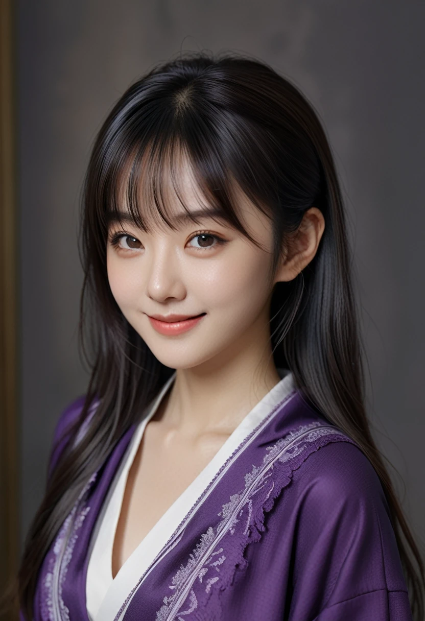 （Ultra-realistic）、（figure），（Increased resolution），（8k）、（Very detailed），（Bestfigure）、（Beautiful and detailed），（Highest quality）、（Super detailed），（masterpiece），（wallpaper）、（Detailed face）、alone、1 person、View your viewers、The finer details、Detailed face、In the Dark、Deep Shadow、Modest、Pure Erotic Face Ace_v1， smile、Long Hair、Black shawl straight hair、
46 point diagonal bangs　purple