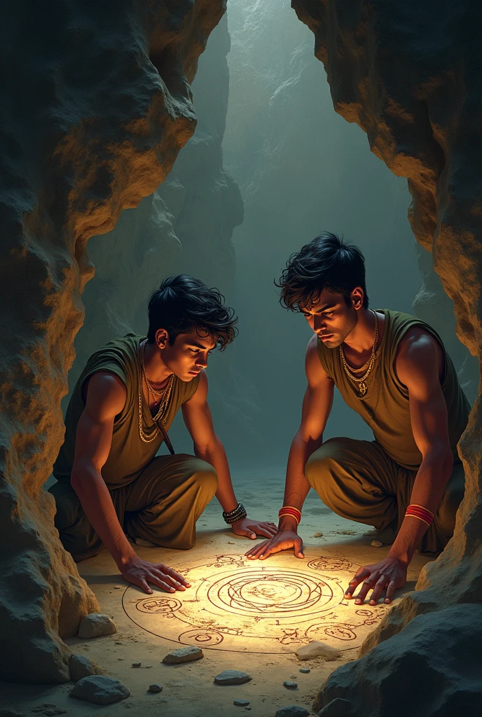 But to enter the cave, they had to solve a difficult puzzle.
"Meghraj and Tanishk inside the cave, facing a challenging puzzle or riddle on the cave wall."