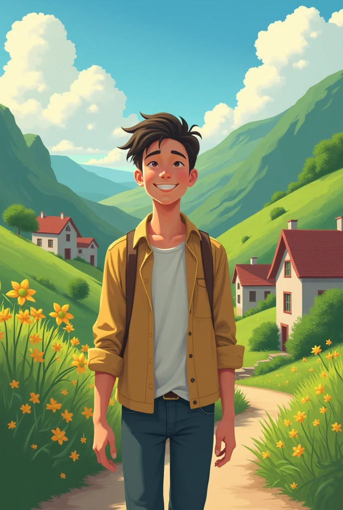  Finding Happiness : The young man enjoying simple pleasures along his journey—smiling as he observes nature or interacts warmly with villagers, reflecting his newfound understanding.In dall e-3 style