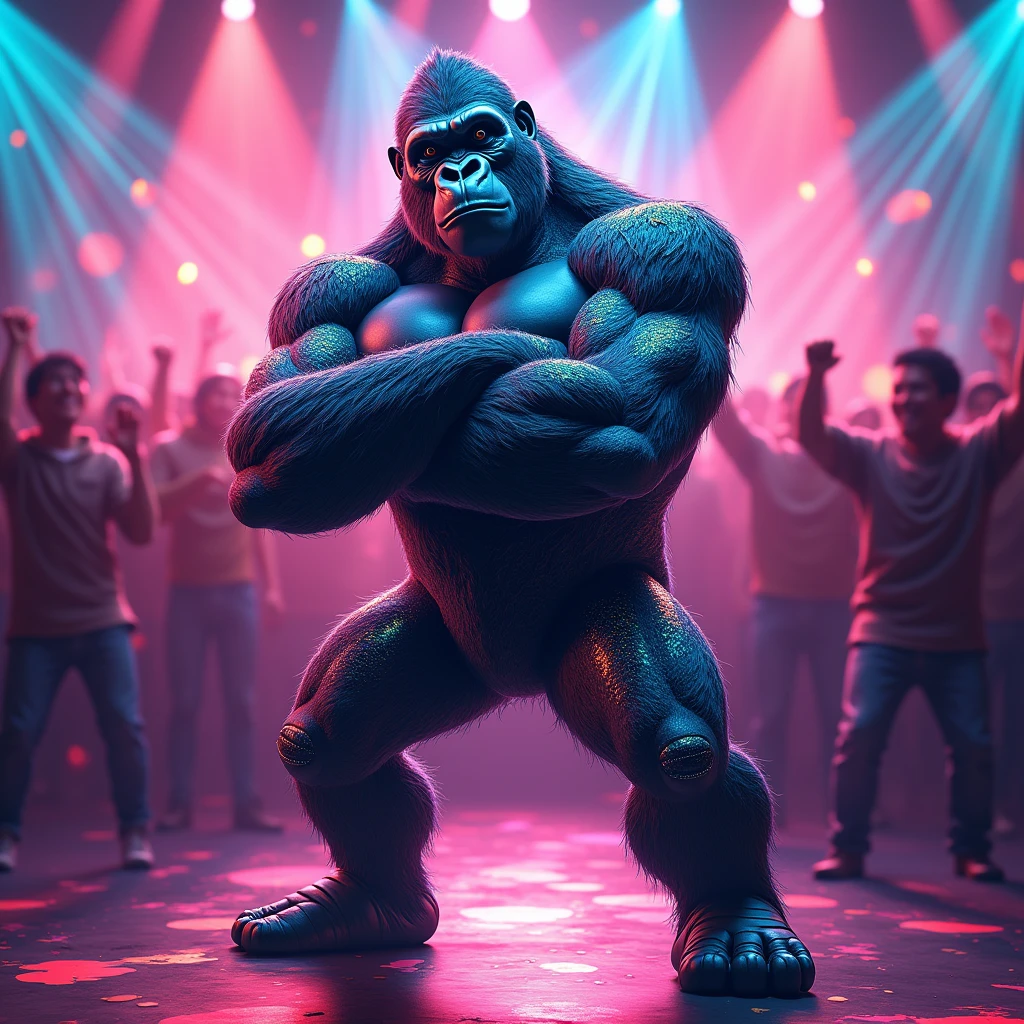 "A highly detailed illustration of a gorilla with a bold, encouraging expression, standing with its chest puffed out and arms confidently crossed. The gorilla is wearing a tight, iridescent bodysuit with futuristic patterns. The background includes a high-energy dance floor with flashing lights and a cheering crowd."