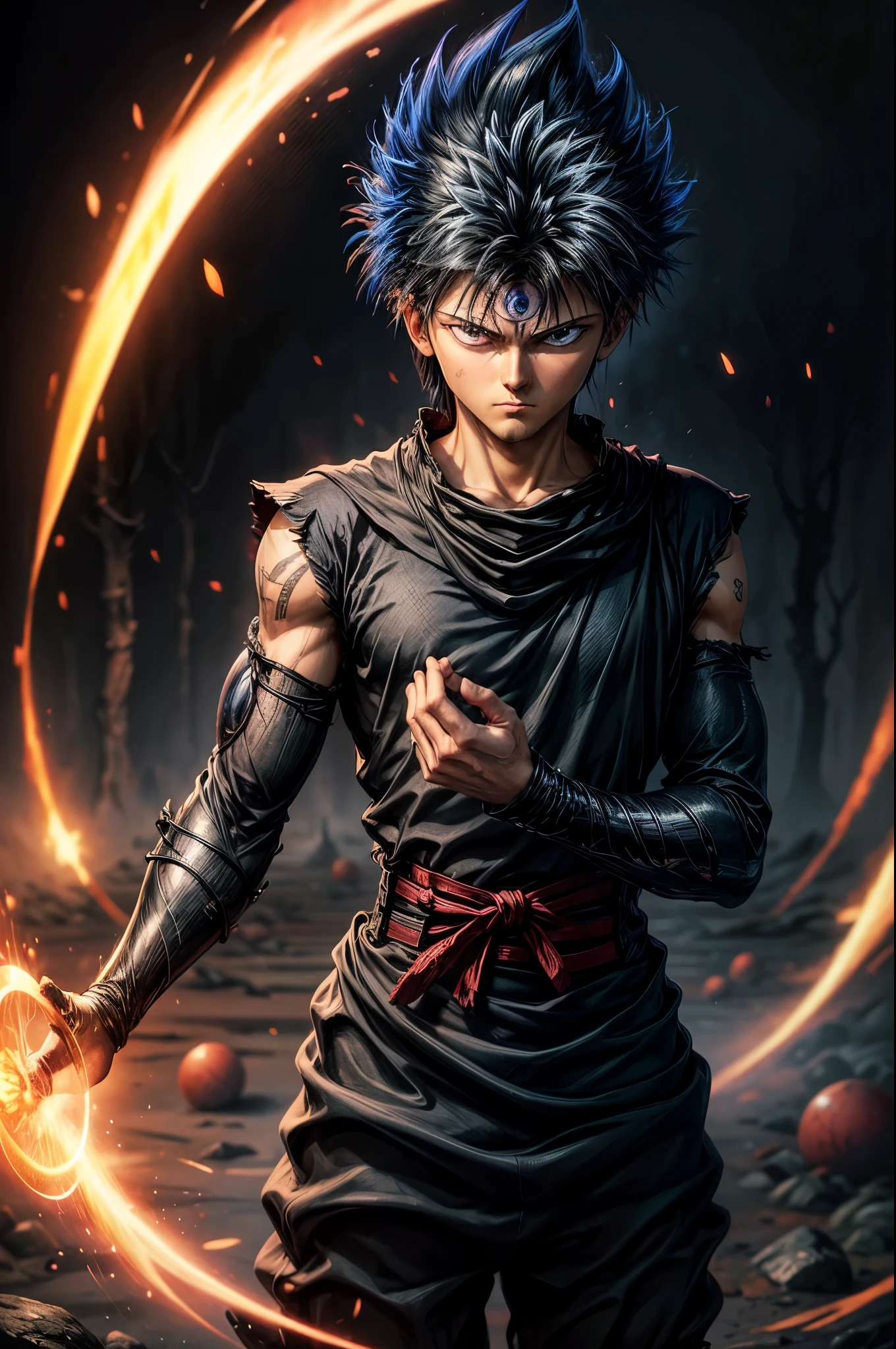 masterpiece, best quality, extremely detailed CG unity 8k wallpaper, One person, Black Hair,  Gray Hair, Spiked Hair, Red eyes, Third Eye, Upper Body, No sleeve, Torn clothes, sketch, alone, Simple Background, Black Dragon Flame effect, disaster々Flow of fresh air, bokeh photography, (soft focus):1.2, out-of-focus highlights, dreamy ambiance, glowing circles, mesmerizing depth, Depth of written boundary