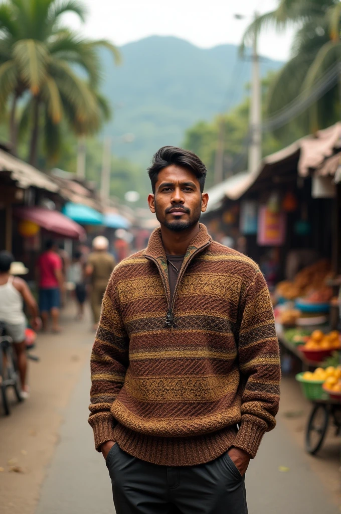 A man is wearing a sweater on an Indonesian road.