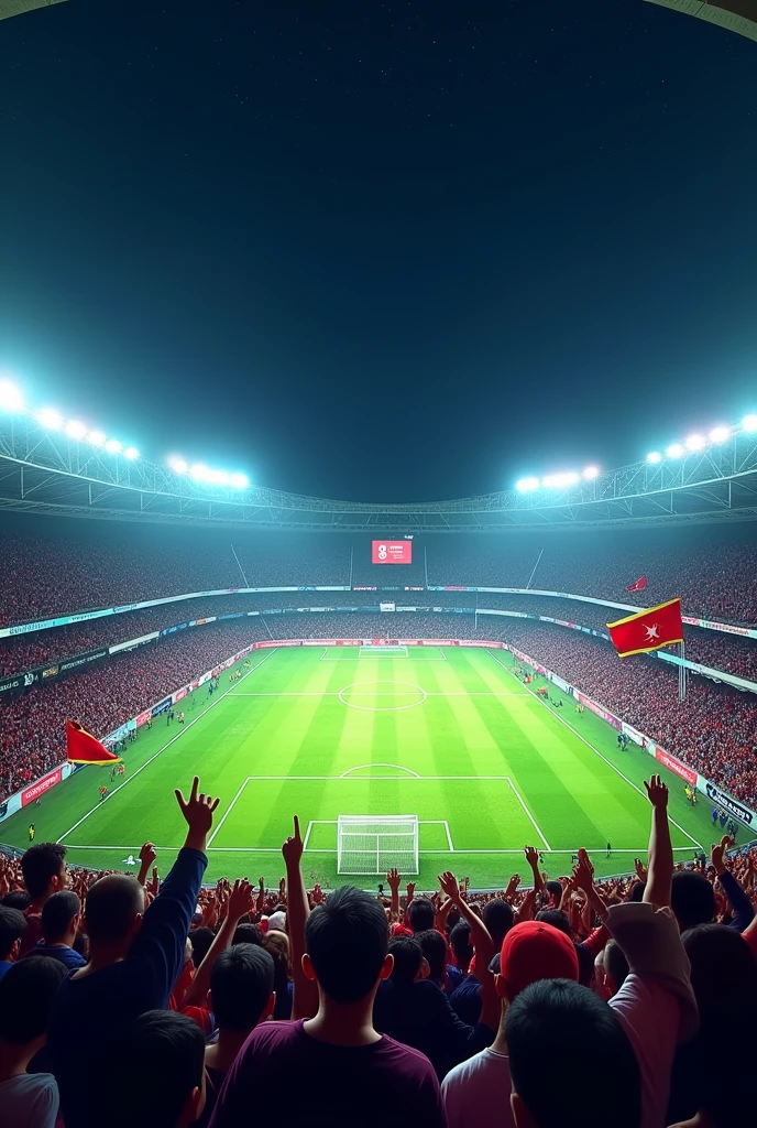 "Show a football stadium, illuminated at night. Crowds of fans around the stadium, holding team flags and banners. The field is covered with fresh green grass, with white spots and goalposts visible on both sides. The sky is full of stars and the stadium lights are sparkling. The stadium's electronic scoreboard. Show the team name 'Comilla Cantonment' and the game name 'SBS.'