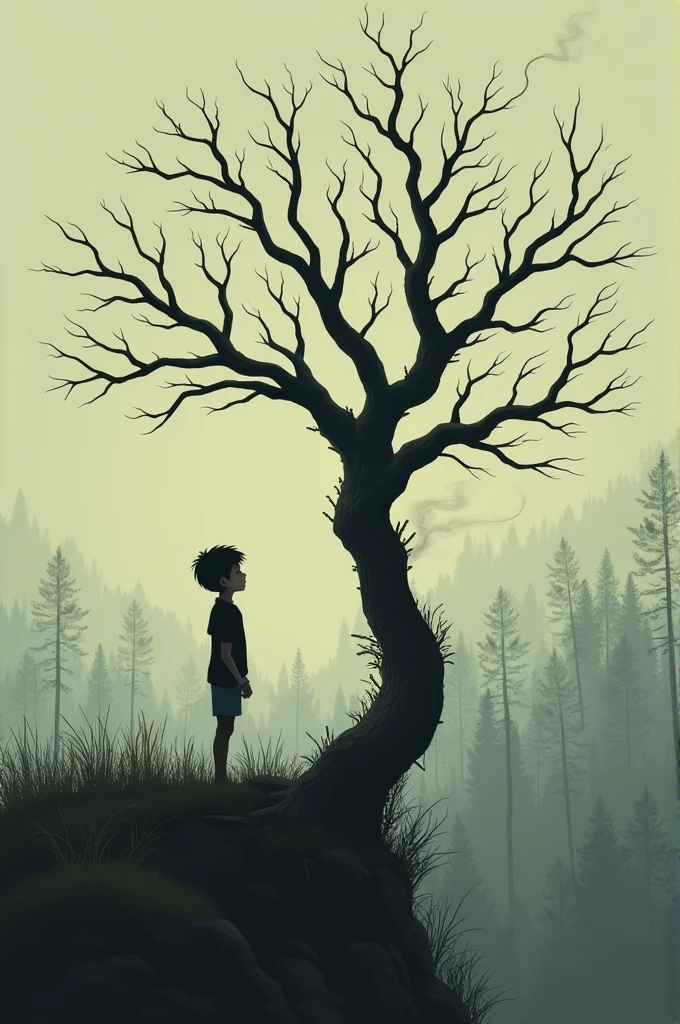 a boy is looking at a dead tree on a hill with the forest being destroyed in the background