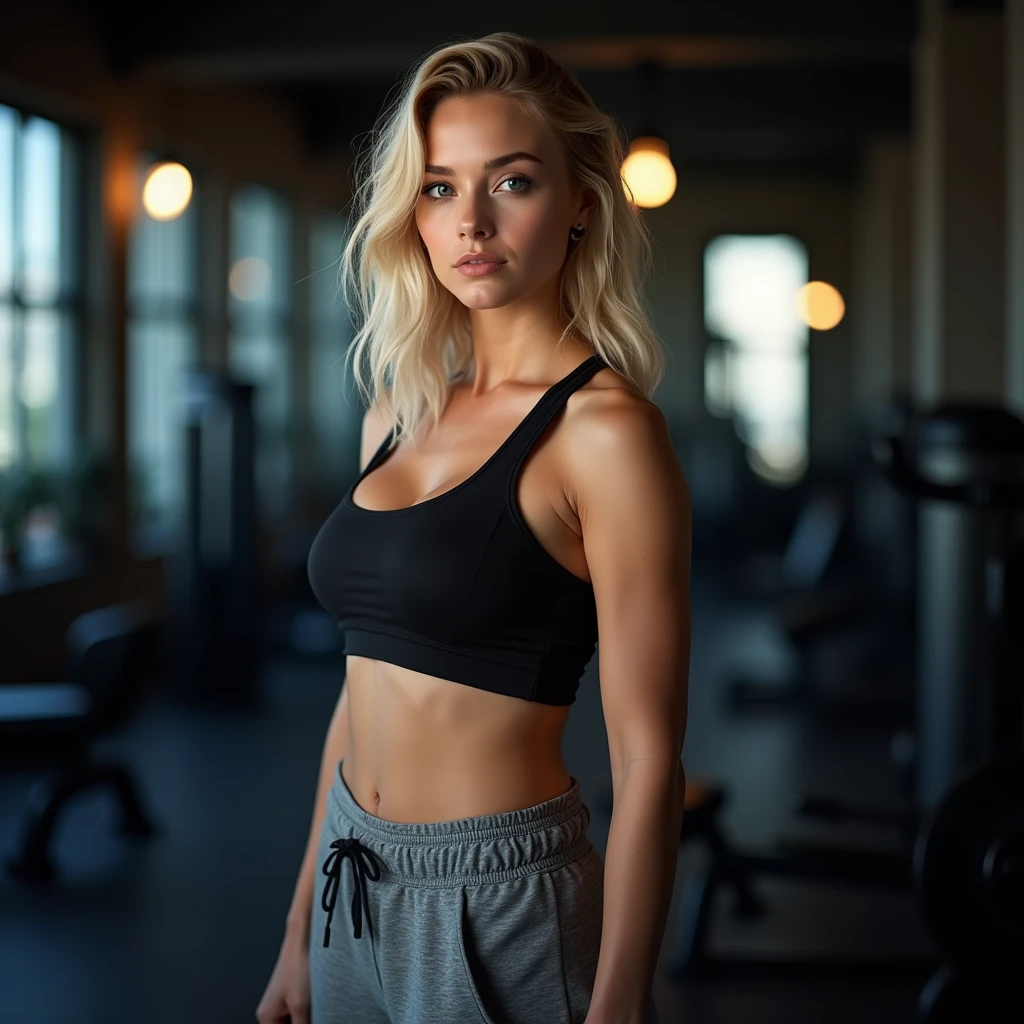 un portrait photo d'une belle fille blanche aux boucles et aux yeux bleu foncé, un gros cul, une poitrine sportive et ronde, haute définition, plus nette, (cheveux blonds moyens : 1,10), elle porte une tenue de sport décontractée composée d'un débardeur et d'un jogging adapté à un environnement de salle de sport. Le portrait est sous un éclairage romantique, avec une vue du corps entier et son visage au point regardant le spectateur. L'environnement se déroule dans une salle de sport., schéma d'éclairage Rembrandt très détaillé et ultra réaliste