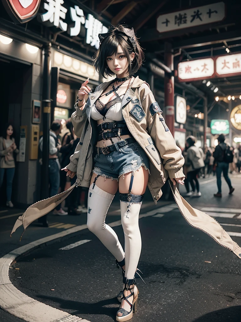 (Full body image:1.4)、(Side view:1.1)、(Smiling with teeth showing:1.3),(Shibuya Gal:1.5)、(hostess:1.4)、(Neo-Goth Fashion:1.5)、(Punk Rock Visual Kei:1.3)、(Futuristic white baby doll, Beige and denim:1.5)、(Delicate denim short jacket, Beige and navy:1.5)、(denim garter belt:1.5)、(Denim and white cargo pants:1.3)、(Heart-shaped silver accessories:1.5)、(Brown Skin Belt:1.4)、(Blue High Heels:1.4)、(Lace Underwear:1.4)、20-year-old、Browsing Caution,((Highest quality、In 8K、masterpiece:1.3))、Sharp focus:1.2、(Layered Cut、Huge boobs:1.1),Beautiful woman with perfect figure:1.4、(Posing as a gravure model:1.3)、Slim Abs:1.2、Butt、Highly detailed face and skin texture、Detailed eyes、double eyelid,(short hair:1.3)、(Black brown hair:1.3)、Obscene、idol carving、(A luxurious amusement park at night:1.3)、(Slimming your legs:1.4)、(Thin thighs:1.4)、(the body is slim:1.3)、(clavicle:1.1)