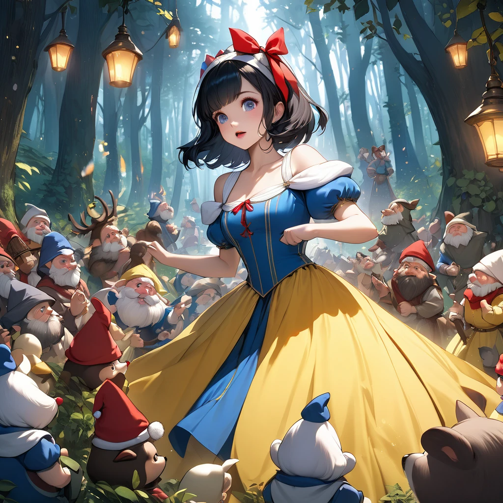 A masterpiece, detailed, crazy and fun illustrations, deep forests of medieval Europe, cinematic lighting, the heroine is Snow White, the most beautiful girl in the world, black bob hair, red ribbon on her head, blue dress with white shoulders and yellow skirt.
She is in the middle of a crazy tea party with the seven dwarfs and forest animals.