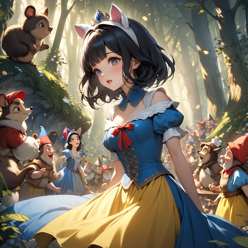 A masterpiece, detailed, crazy and fun illustrations, deep forests of medieval Europe, cinematic lighting, the heroine is Snow White, the most beautiful girl in the world, black bob hair, red ribbon on her head, blue dress with white shoulders and yellow skirt.
She is in the middle of a crazy tea party with the seven dwarfs and forest animals.