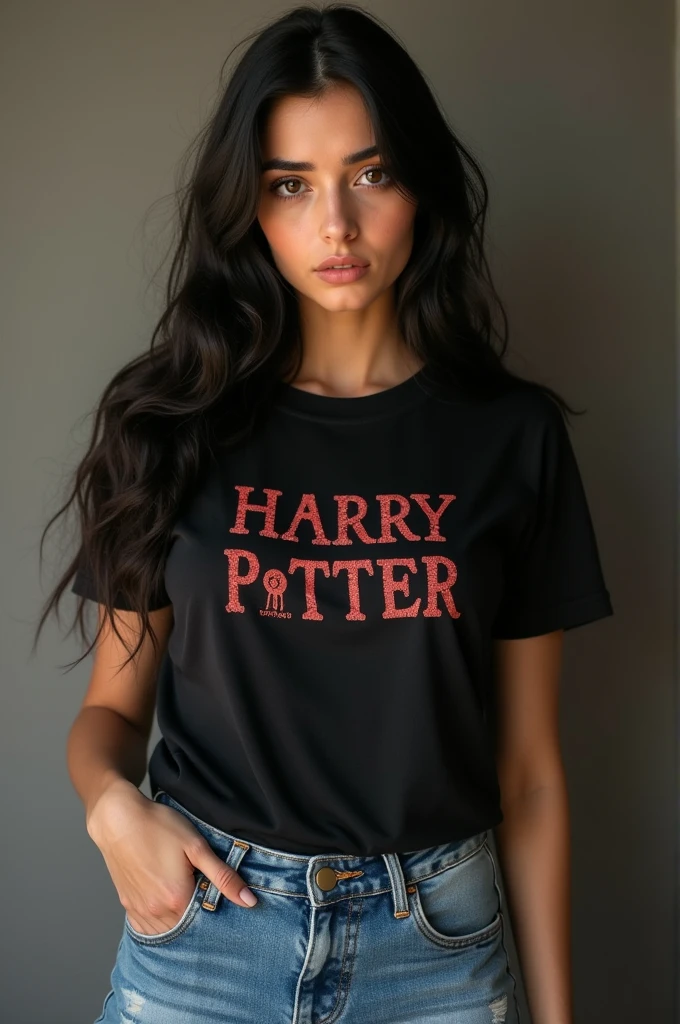 A strict buxom Turkish girl with black and more straight hair,big brown eyes,round face,thickest eyebrow,1.72 height,medium weight in black harry potter t-shirt and jean shorts with medium tits