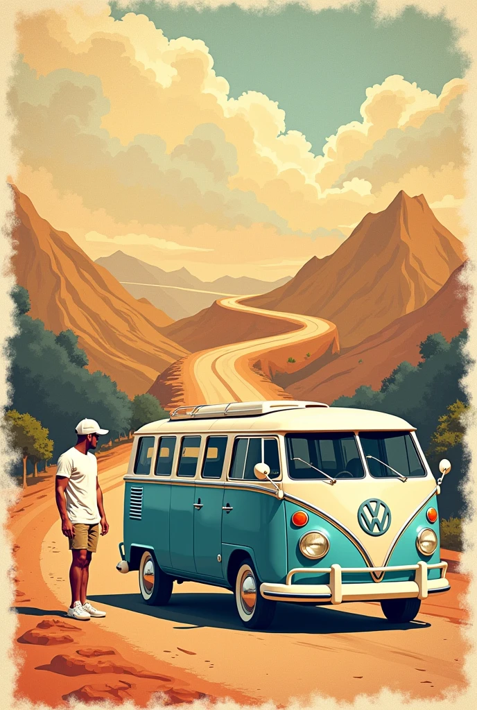 {
"size": "1024x1024",
{
"size": "1024x1024",
"prompt": "An artistic illustration featuring a vintage kombi van in the foreground with a minimalistic man standing beside it. The man is drawn with smooth, flowing lines, without facial details, giving him a simple yet stylish appearance. A detailed map is prominently displayed in the background, showing intricate paths, landmarks, and terrain features. A winding road with realistic colors extends from the kombi, connecting it to a specific destination on the map, symbolizing a journey. The overall colors are vibrant and balanced, with a focus on realistic tones for the road, creating a harmonious and visually appealing design for plotagem on the kombi."
}
}