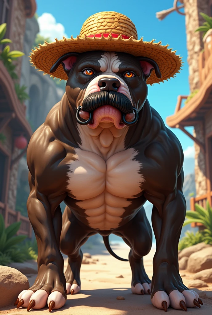 Pitbull with a Luffy straw hat and Gol mustache.D roger 