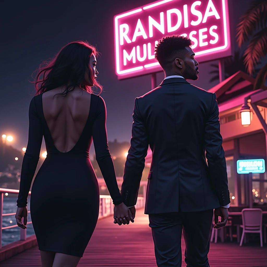 generates an action scene where a couple of lovers (a handsome afroamerican man with short haircute and a beauty Latin woman with dark chocolate skin and a nice body with curves, round breasts and firm, wide and generous hips, a black dress with a low neckline) meet in a boardwalk facing the sea, warm colors, be creative and achieve a book cover image.
