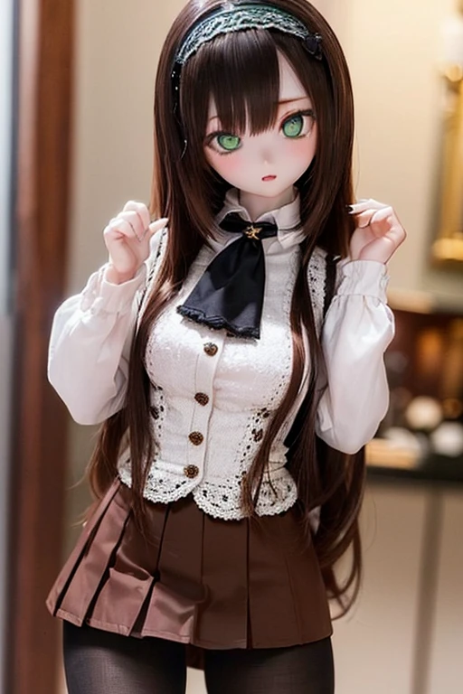 (SFW:2), photorealistic, realistic photo, 8k, ((highest quality)), ((masterpiece)), (extremely detailed), kukolnydom, doll, (mature woman, 21yo, 21 years old, solo:1.6), ((cowboy shot, standing, slim, slender, skinny, medium breasts, hairband, ascot, vest, blouse, long puff sleeves, pleated skirt, black pantyhose)), (green eyes, brown hair, long hair, plastic skin, looking at another, glass eyes, gradient eyes, shining eyes, detailed eyes:1.3)
