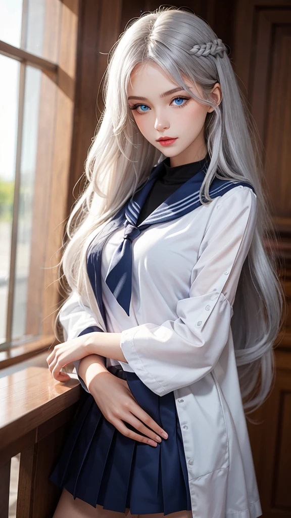 long silver-white hair and waist,stray hair curtain,two hair curtains,Dark purple eyes,high light,Dear students,a fancy turn,Like dancing,Dark blue sailor uniform off-shoulder dress,White bloomers show some.,light blue bow tie,crystal hairpin,Under the starry night sky,,chiquita,medium build,