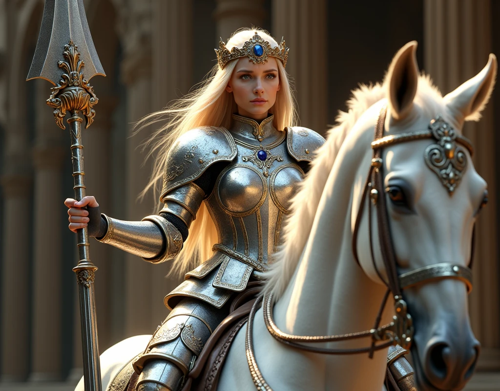 In the image, a white woman with long, flowing blonde hair wears ornate plate armor and gauntlet with silver and gold arabesque trim. On her head, a gold tiara with a large sapphire. She is mounted on a majestic white horse, both adorned in armor. The woman holds a extra long halberd with large axehead, exuding elegance and strength. Dramatic lighting highlights the opulence of the scene, with a regal background enhancing the grandeur. extreme wide shot, the whole halberd in frame.