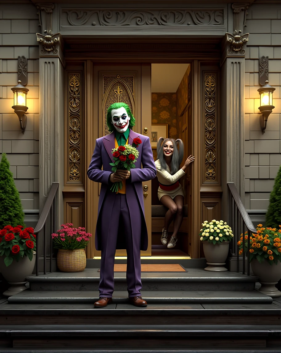 a horror romantic picture of The Joker with nice suite, hold a bunch of poison ivy flowers and black roses, in front of Harley Quinn front door apartment, whistling waiting the door opened, insanely detailed and intricate, outdoor apartment facade with beautiful flower garden in background, photo realistic illustration, masterpiece, cinematic, Don Lawrence style, perfect face, octane render