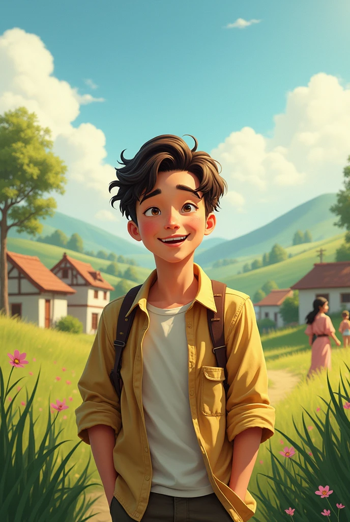 Finding Happiness : The young man enjoying simple pleasures along his journey—smiling as he observes nature or interacts warmly with villagers, reflecting his newfound understanding.In dall e-3 style