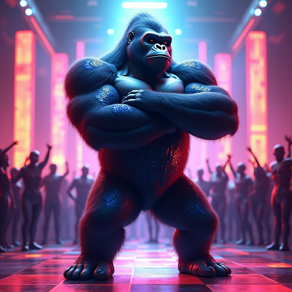 "A highly detailed illustration of a gorilla with a bold, encouraging expression, standing with its chest puffed out and arms confidently crossed. The gorilla is wearing a tight, iridescent bodysuit with futuristic patterns. The background includes a high-energy dance floor with flashing lights and a cheering crowd."