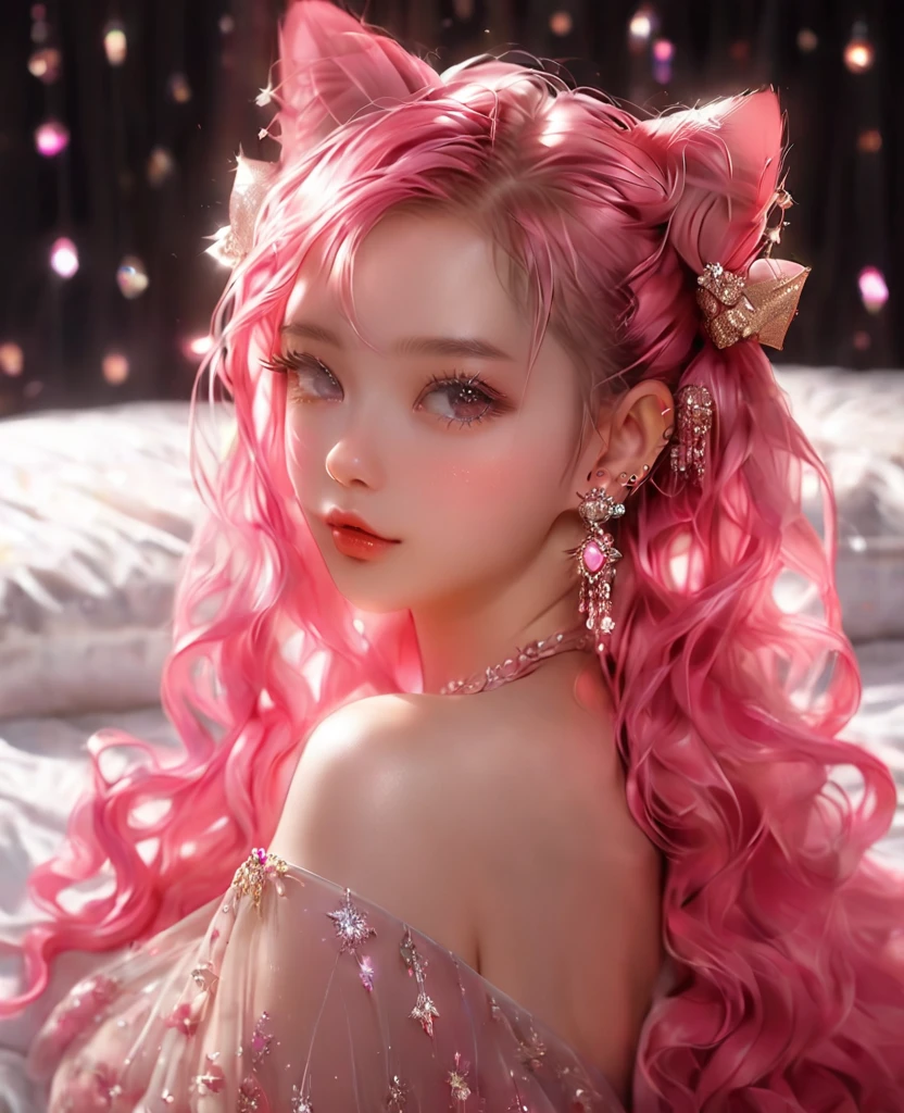 8K,Asian cute girl,an extremely delicate and beautiful,Beautiful and realistic skin,Shiny jewel-like earrings,Bedhead,like glitter pink hair,,beautiful eyes,full body