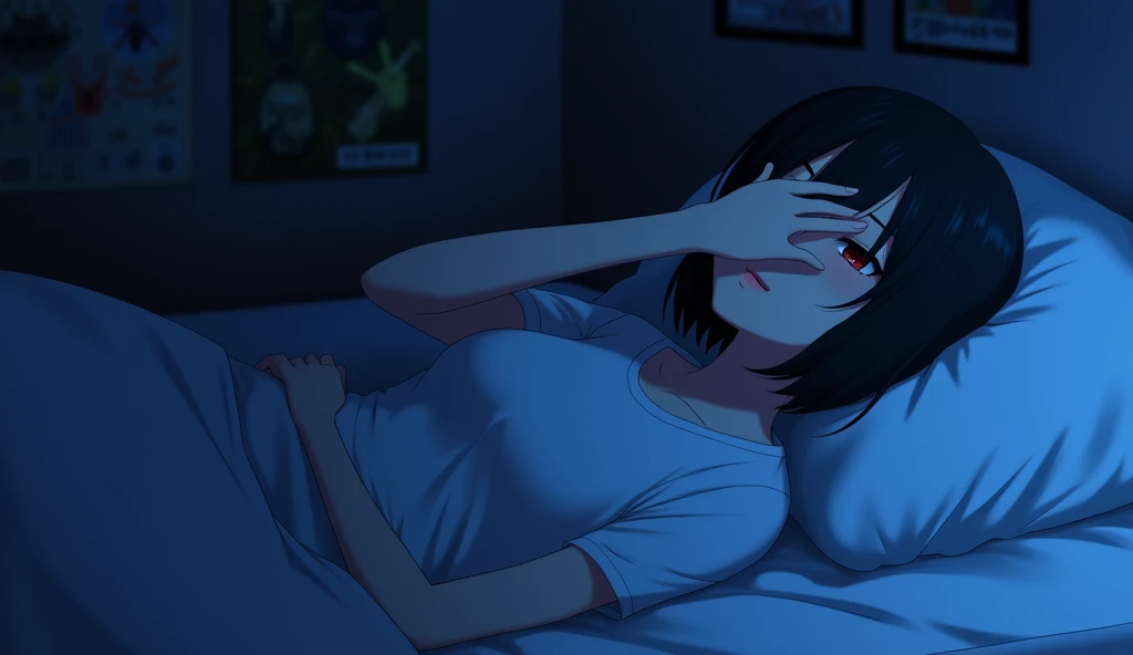 One person, Lying on your back in bed,Covering the right eye with the hand,Blue light,Deep room,Blur the background,Band posters on the wall,A round, heavy bob haircut,19 years old,White T-shirt,Dark Room,Anime Style,High resolution, 