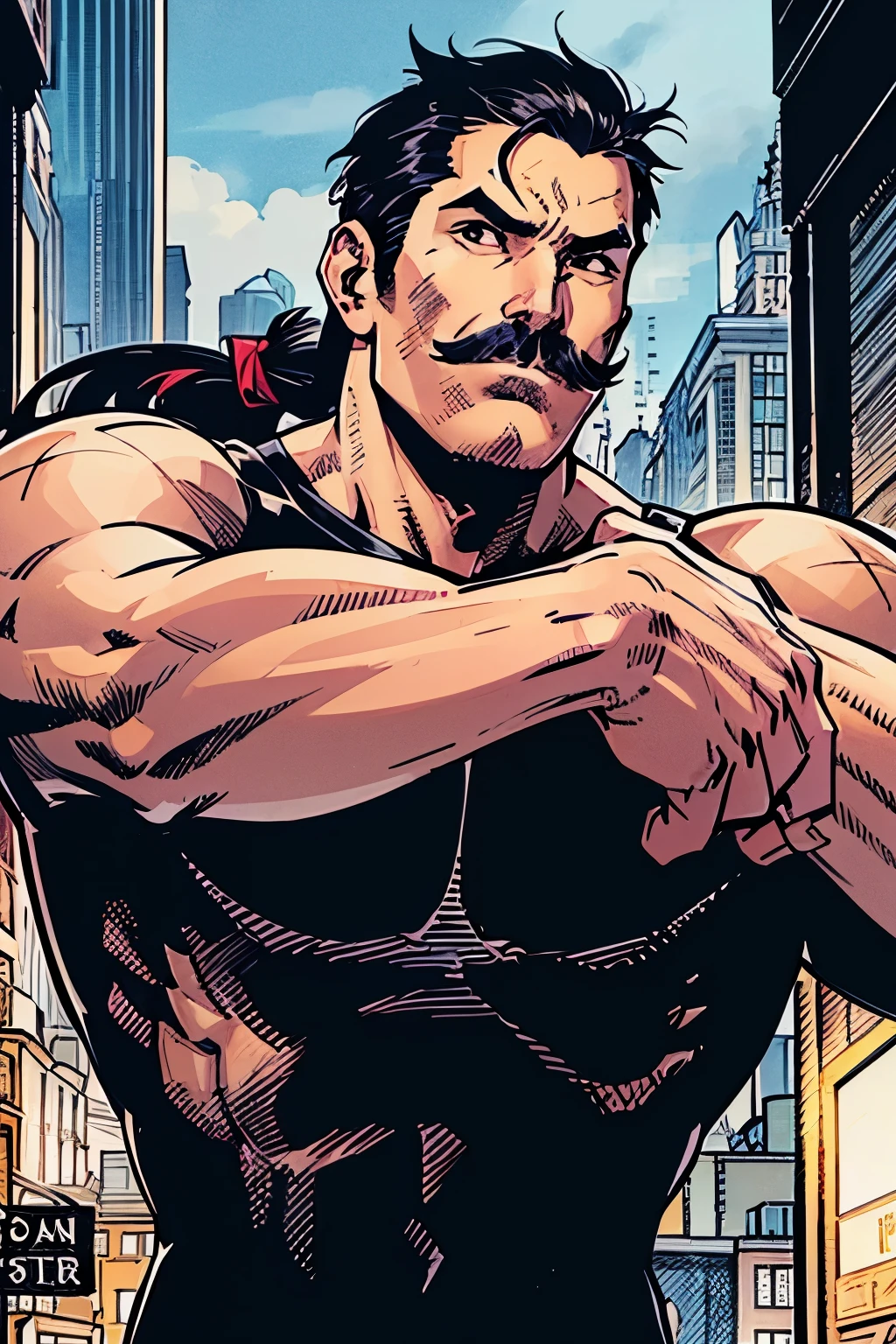 comics, male, asian, long hair, hair in a bun, black hair, black eyes, thin mustache, no beard, thin body, face full of scars, black tshirt, raining