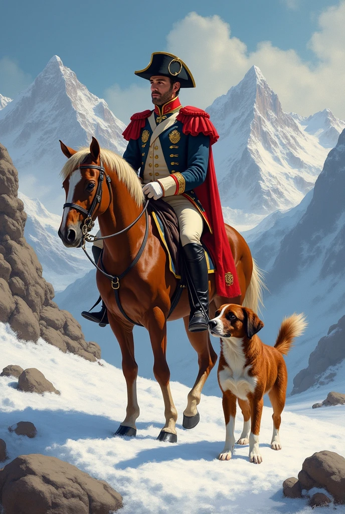 Peux tu faire un portrait dans le style de la peinture Bonaparte franchissant le Grand Saint Benrnard avec un chiot berger australien rouge tricolore de 6mois