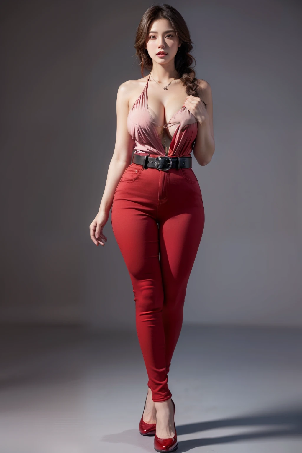 (RAW shooting, Photoreal:1.5, 8k, highest quality, masterpiece, ultra high resolution), perfect dynamic composition:1.2, Highly detailed skin and facial textures:1.2,beautiful and aesthetic:1.2, caucasian:2, standing:2, full body:2, shoes:1.2, necklace:2, Fair skin, (large breast:1.4, Chest gap:1.4),(1girl, tall, long legs, makeup:1.2, single braid, perfect tight:1, pink top:2,sleeveless:1.2,red pants:2,belt:1.2),(simple background:1),