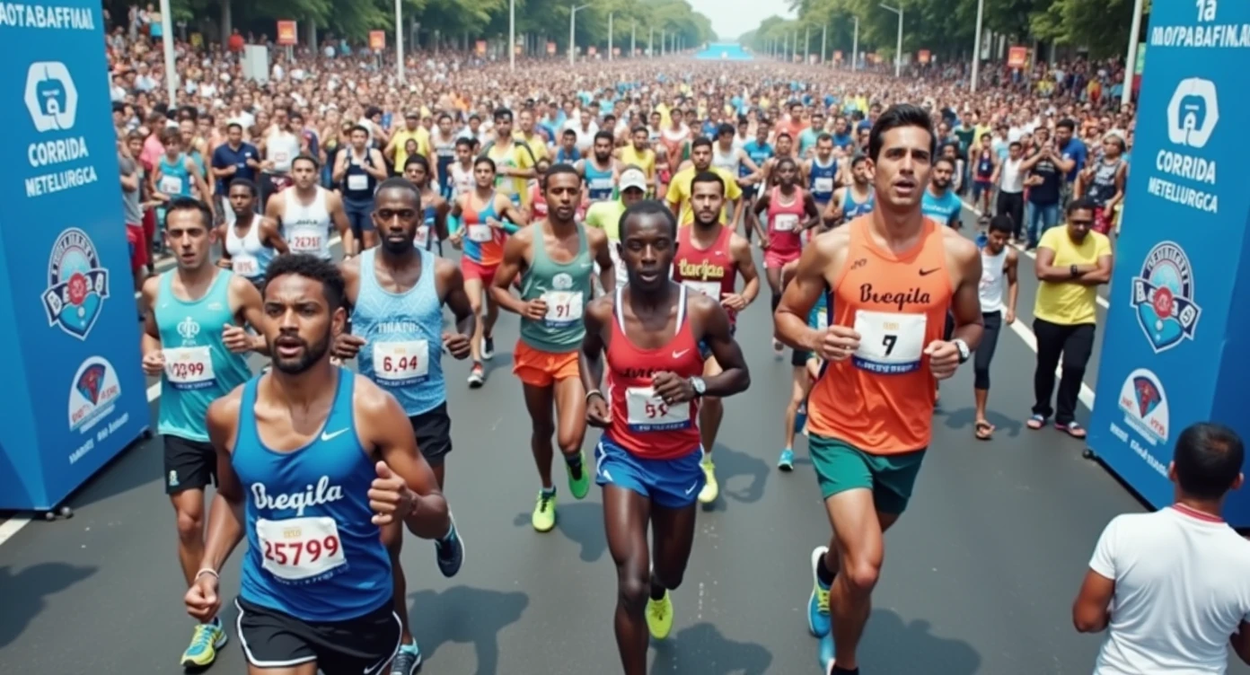 A high-quality photo of a large group of Brazilian people running in a marathon during the daytime. The runners, wearing a variety of colorful athletic gear, are in mid-stride, with expressions of focus and determination. sunlight dapples the ground, creating dynamic shadows. The scene is lively with spectators cheering from the sidelines, and the overall atmosphere is energetic and celebratory. Text written on banner "1ª Corrida Metelurgica"