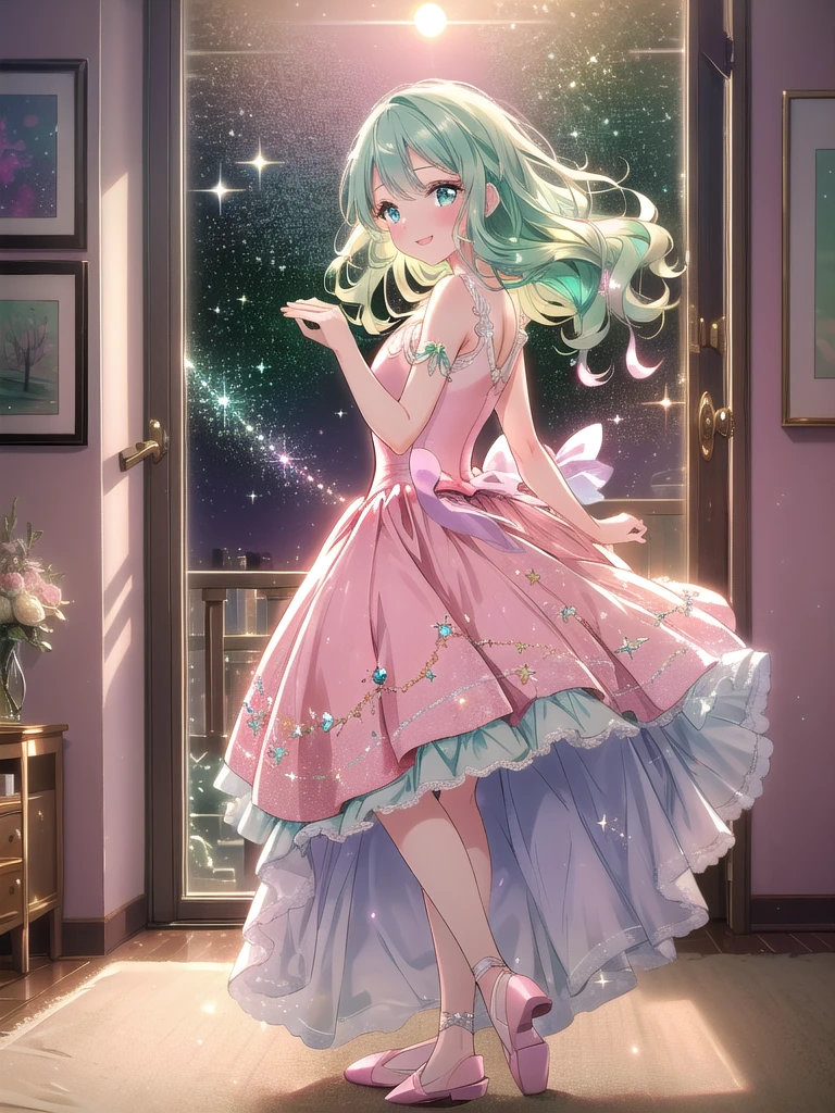 ((8k, Highest quality, masterpiece: 1.3)),Ultra-high resolution,(1 girl, alone), (Color changing eyes, Ultra-detailed, Expressive brilliance, Glitter, Glowing Eyes), Highly detailed eyes, Highly detailed face, Random Hair, ((pastel colour)),A lively young woman with pastel mint-green hair styled into loose waves, standing near her vanity in her softly lit bedroom during a late afternoon. She is dressed in a modest yet subtly sexy ballerina cosplay, wearing a light pink tutu, a fitted leotard, and ballet slippers. The camera captures her from a frontal angle as she practices a graceful pose with a bright smile, her expression full of elegance and joy. The room is warmly lit by the setting sun, with a few ballet posters on the wall, a small music box playing softly, and a delicate, artistic atmosphere.


