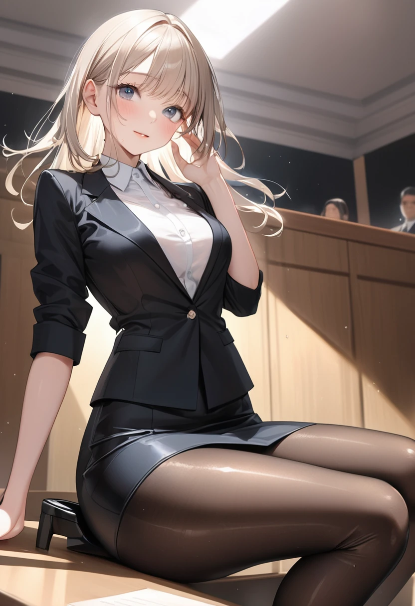 (((female lawyer, Formal suit skirt, Pencil skirt black, Pantyhose, White transparent top, jacket, Stilettos, (shiny costume)))), skinny, Solitary, 1 female, masterpiece, best quality, best quality, 16K, Ridiculous, Very detailed, 2.5D, Artificial Intelligence Generation, Delicate and dynamic, Very delicate expression, Delicate eye depiction, pornography, only Sexy woman, ((Cute and kind face)), Healthy body, ((25-year-old female)), Height 160cm, Medium firm swing bust,, blush, Sweat,Awkward,Sexy, ((Thin thighs)), (nipple:1.0), bright, Look directly at the audience, (estrus), ((oily_skin)), ((Hook of Holland)), (( pose)), Fashion Model Poses, Fashion Model Style, (close up),in court, Sitting at the table, One knee, From below,
