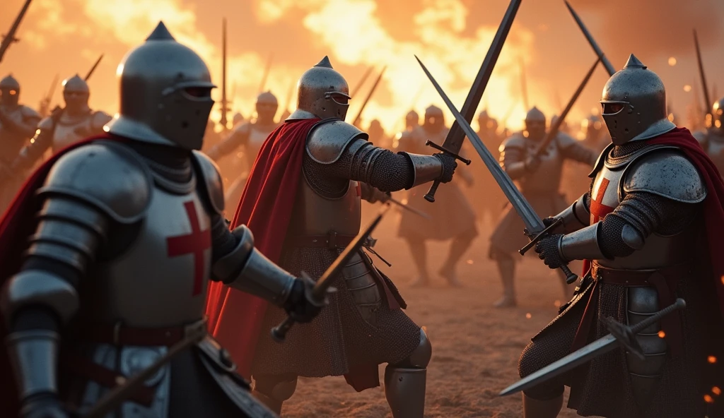 A highly realistic, high-contrast, 8K HD, detailed, hyper-detailed image of Crusader knights fiercely engaged in battle. The knights, clad in steel armor with red crosses on their tunics, are surrounded by chaos, their faces showing unyielding resolve as they fight on despite overwhelming odds. Swords clash and sparks fly as they stand their ground, refusing to yield. The atmosphere is intense and desperate, capturing the raw determination and bravery of the Crusaders as they battle fiercely against their enemies. The image is of the highest quality, with ultra-high resolution, RAW photo quality, and Unreal Engine rendering, depicting the relentless spirit and courage of the Crusaders as they fight against the odds.