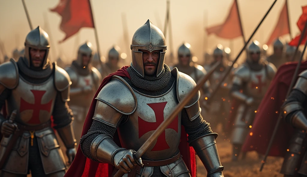 A highly realistic, high-contrast, 8K HD, detailed, hyper-detailed image of Crusader knights fiercely engaged in battle. The knights, clad in steel armor with red crosses on their tunics, are surrounded by chaos, their faces showing unyielding resolve as they fight on despite overwhelming odds. Swords clash and sparks fly as they stand their ground, refusing to yield. The atmosphere is intense and desperate, capturing the raw determination and bravery of the Crusaders as they battle fiercely against their enemies. The image is of the highest quality, with ultra-high resolution, RAW photo quality, and Unreal Engine rendering, depicting the relentless spirit and courage of the Crusaders as they fight against the odds.
