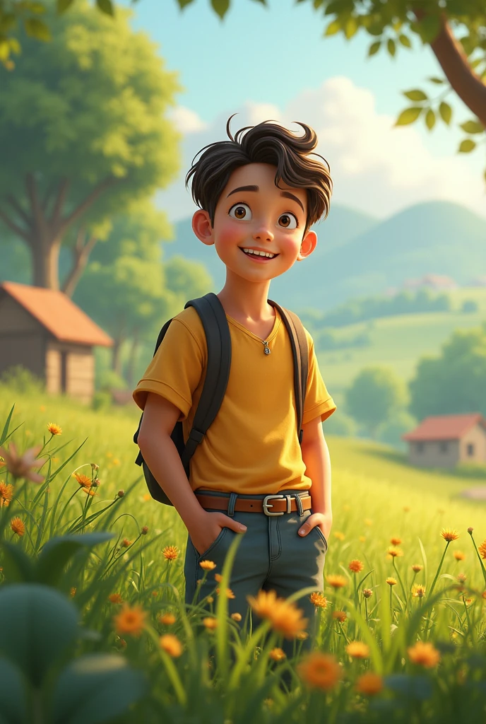  Finding Happiness : The young man enjoying simple pleasures along his journey—smiling as he observes nature or interacts warmly with villagers, reflecting his newfound understanding.In dall e-3 style