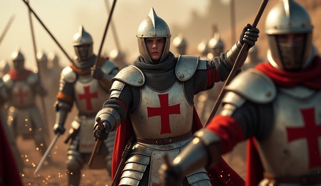 A highly realistic, high-contrast, 8K HD, detailed, hyper-detailed image of Crusader knights fiercely engaged in battle. The knights, clad in steel armor with red crosses on their tunics, are surrounded by chaos, their faces showing unyielding resolve as they fight on despite overwhelming odds. Swords clash and sparks fly as they stand their ground, refusing to yield. The atmosphere is intense and desperate, capturing the raw determination and bravery of the Crusaders as they battle fiercely against their enemies. The image is of the highest quality, with ultra-high resolution, RAW photo quality, and Unreal Engine rendering, depicting the relentless spirit and courage of the Crusaders as they fight against the odds.