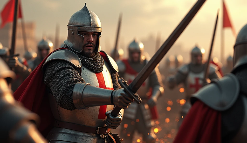 A highly realistic, high-contrast, 8K HD, detailed, hyper-detailed image of Crusader knights fiercely engaged in battle. The knights, clad in steel armor with red crosses on their tunics, are surrounded by chaos, their faces showing unyielding resolve as they fight on despite overwhelming odds. Swords clash and sparks fly as they stand their ground, refusing to yield. The atmosphere is intense and desperate, capturing the raw determination and bravery of the Crusaders as they battle fiercely against their enemies. The image is of the highest quality, with ultra-high resolution, RAW photo quality, and Unreal Engine rendering, depicting the relentless spirit and courage of the Crusaders as they fight against the odds.
