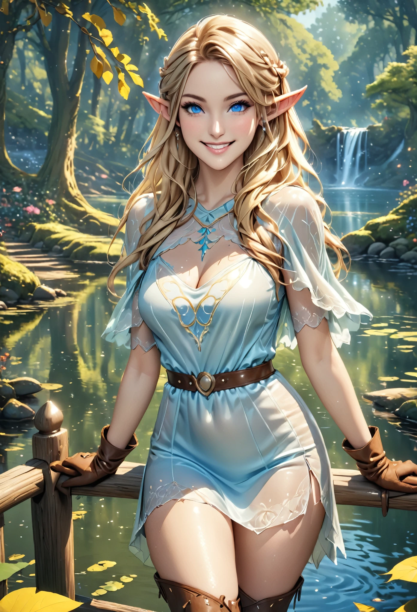 (elf girl:1.5), (slightly see-through magical short elfdress, brown leather boots, brown leather gloves), long blonde hair, blue eyes, eyeliner, make up, (smile:1.4), (detailed skin texture, realistic skin pores,:1.5), 24k resolution, highly detailed, (natural front light:0.5), (full body shot:1.3), (realistic style:1.5), standing at a peer on a lake, mystical forest background