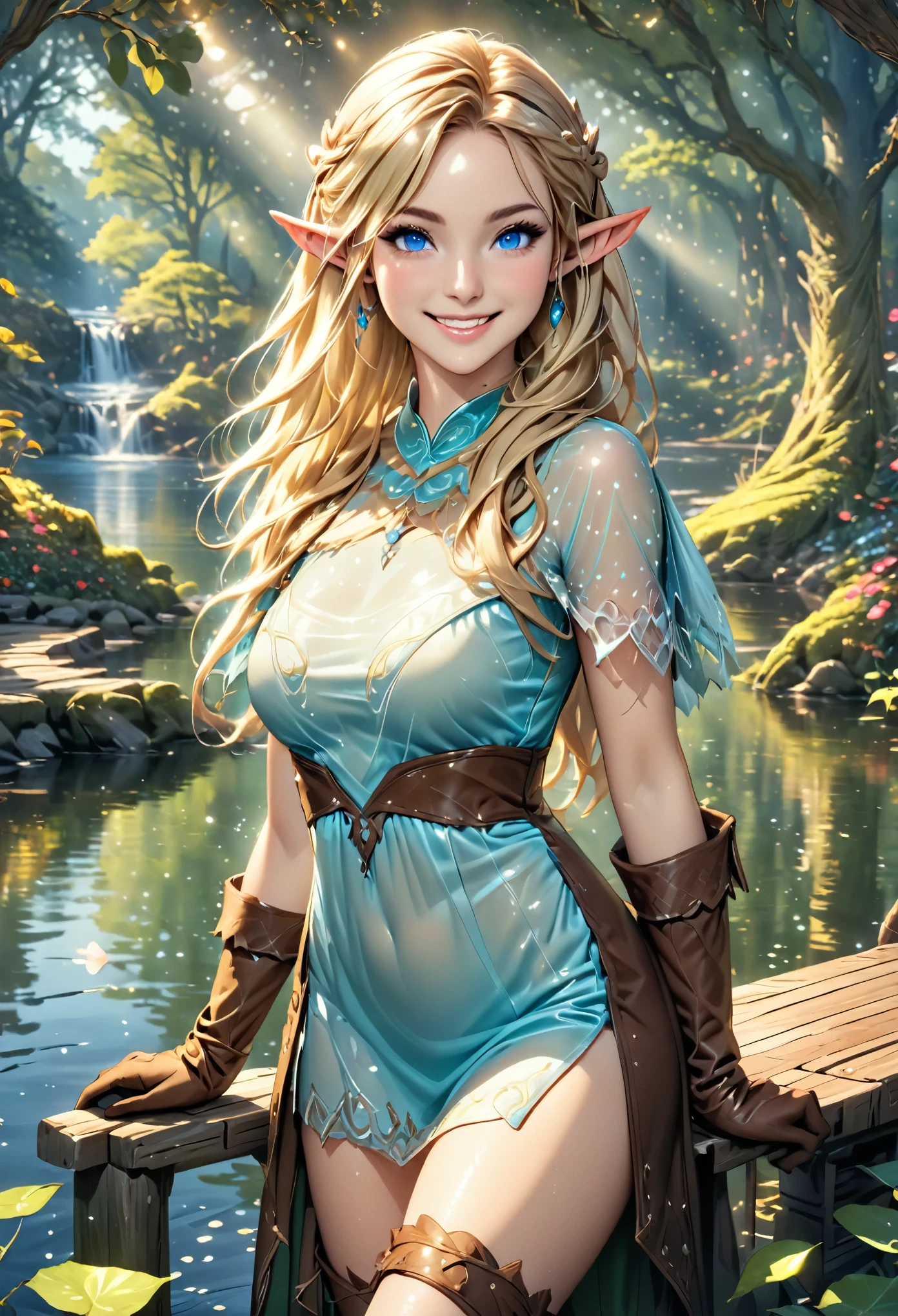 (elf girl:1.5), (slightly see-through magical short elfdress, brown leather boots, brown leather gloves), long blonde hair, blue eyes, eyeliner, make up, (smile:1.4), (detailed skin texture, realistic skin pores,:1.5), 24k resolution, highly detailed, (natural front light:0.5), (full body shot:1.3), (realistic style:1.5), standing at a peer on a lake, mystical forest background