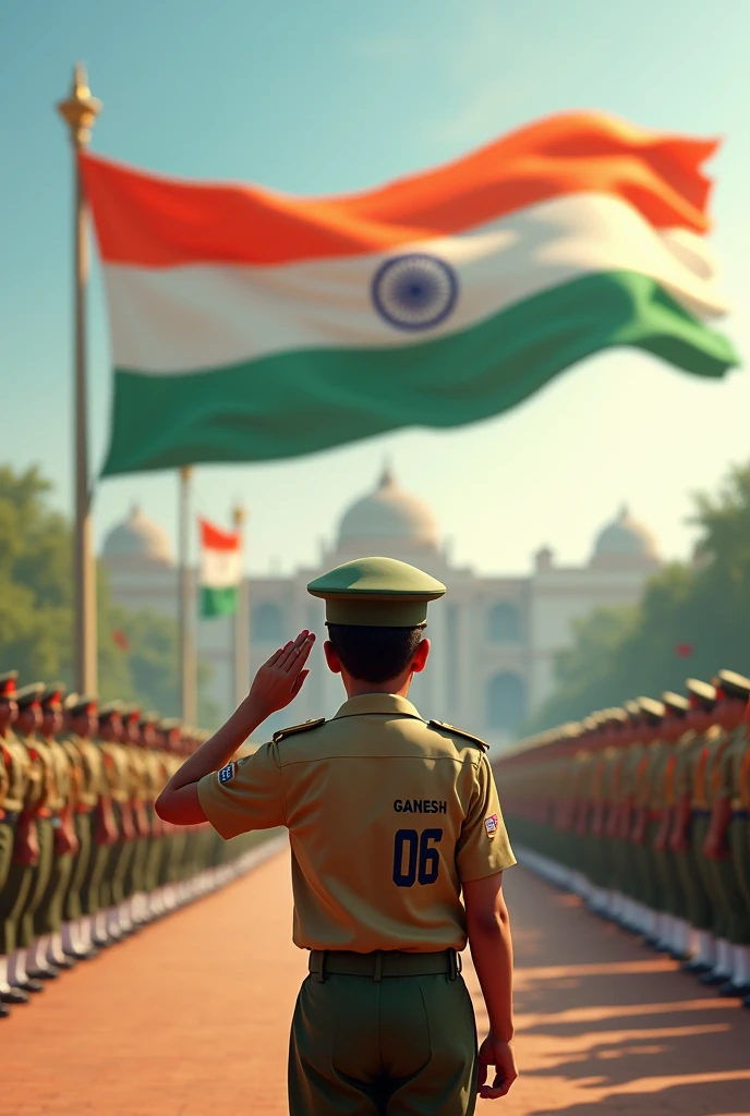  indian army academy parade one young person Jersey number " ganesh 06 "celebrating independence day. . saluting near big size flag . back side view 