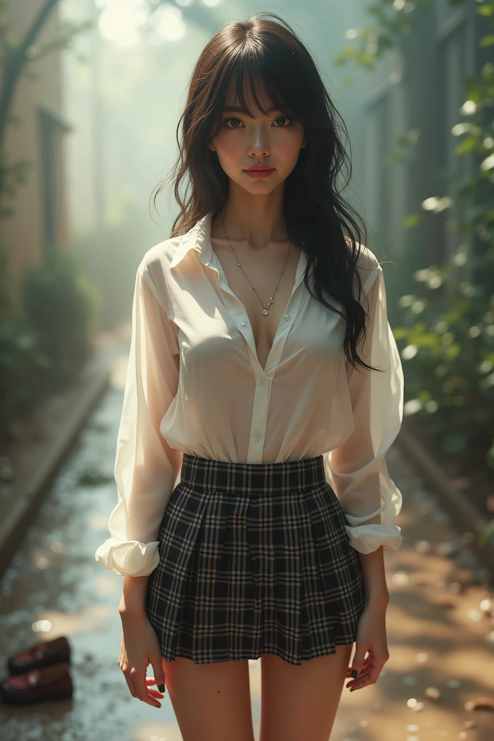 (((There is one girl:1.5))),Gal,(((A tall high school girl with a model figure))),Perfect proportions,(Standing facing this),Full body photography,(wide thighs, Very long legs),Fleshy,Mid-chest,(((Cleavage))),Breast enlargement,swelling of the nipples,Unbutton your shirt,Loafer Asterpiece on the ground:1.3),((8k, Photorealistic:1.4,Surreal,RAW Photos, highest quality: 1.4,Ultra high definition,Super detailed)), Beautiful Face,(Realistic face),(Brown's shortcuts:1.3),Short Hair,Disheveled Hair,Fluffy hair,Detailed eyes,Realistic beautiful skin,Golden Ratio,Super cute,Open your mouth a little,smile,High school girl in summer clothes,White shirt,Sweaty,Wetty,(Wet shirt),See-through shirt,Light clothing,Surreal school girl,pleated micro mini skirt,Checkered micro mini skirt,Pleated miniskirt with tartan check,((I can see your panties!!)),pantyhose,(Black Stockings),((Knee-high stockings)),loafers,Esbian all over,High school girl wearing JK uniform,Sexy pose,Anatomically accurate body,Precisely drawn fingers,
