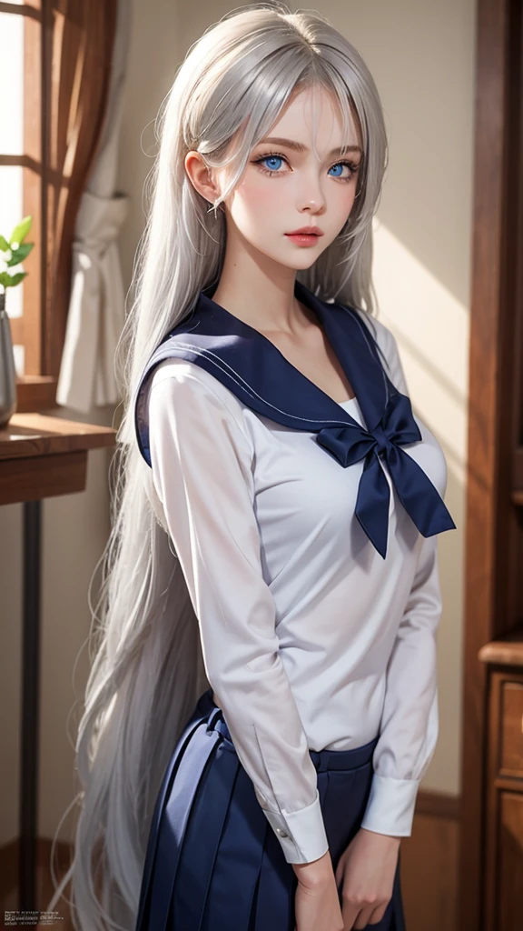 1woman, Russian beautiful girl, long hair, silver hair, blue eyes, sailor 