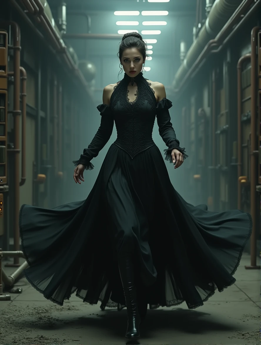 (Photorealism:1.2) woman, brunette, square hairstyle, Long legs, Beauty, dressed in a black long dress, Gothic dress, with a 5 meter long train, high Victorian collar, gray eyes color, cyberpunk background, full height of a girl, inside an industrial building, runs away, terror in the eyes