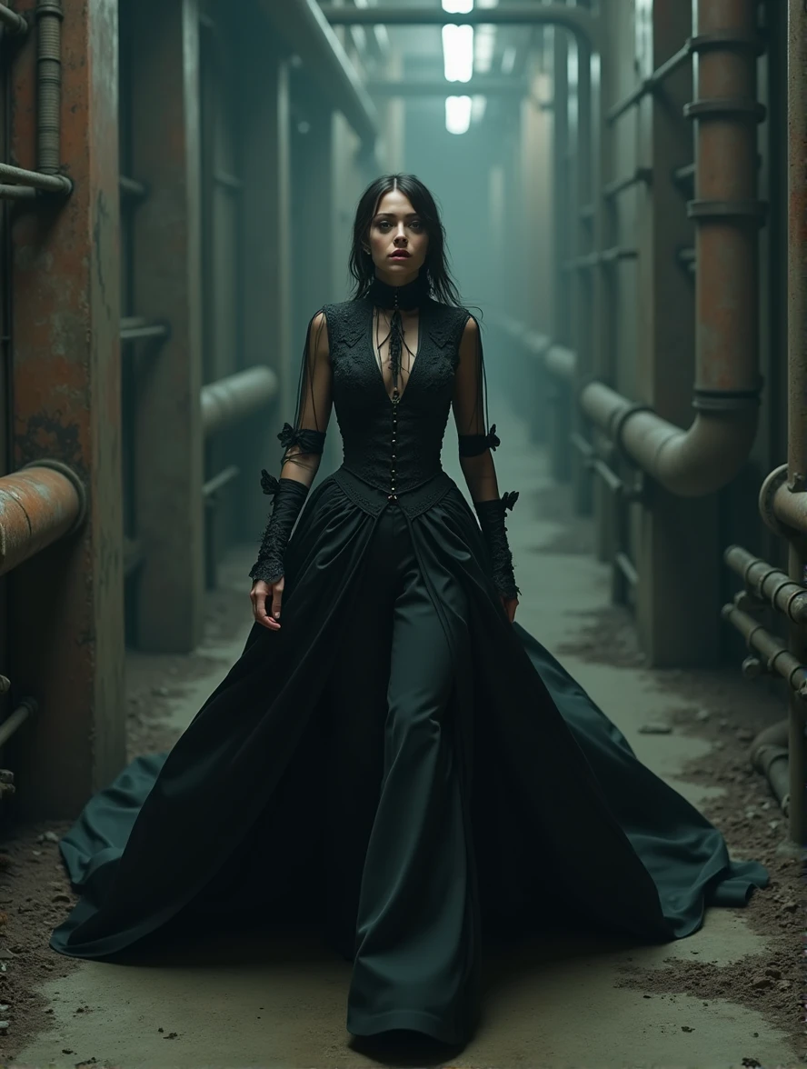 (Photorealism:1.2) woman, brunette, square hairstyle, Long legs, Beauty, dressed in a black long dress, Gothic dress, with a 5 meter long train, high Victorian collar, gray eyes color, cyberpunk background, full height of a girl, inside an industrial building, runs away, terror in the eyes