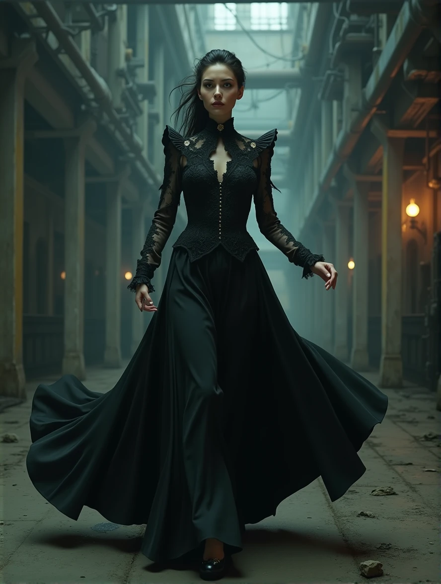 (Photorealism:1.2) woman, brunette, square hairstyle, Long legs, Beauty, dressed in a black long dress, Gothic dress, with a 5 meter long train, high Victorian collar, gray eyes color, cyberpunk background, full height of a girl, inside an industrial building, runs away, terror in the eyes