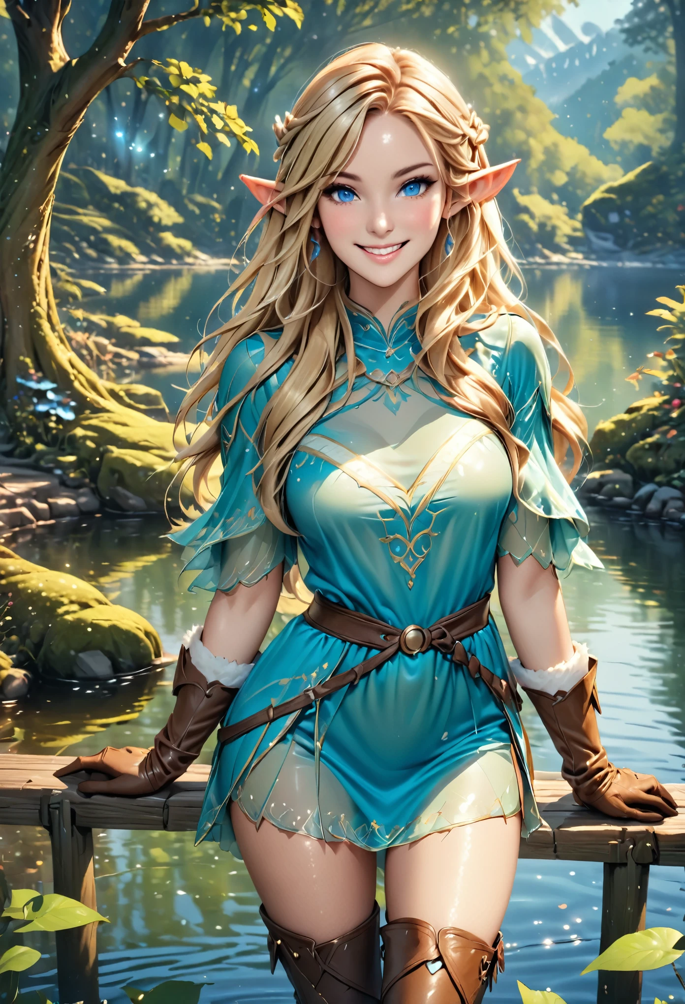 (elf girl:1.5), (slightly see-through magical short elfdress, brown leather boots, brown leather gloves), long blonde hair, blue eyes, eyeliner, make up, (smile:1.4), (detailed skin texture, realistic skin pores,:1.5), 24k resolution, highly detailed, (natural front light:0.5), (full body shot:1.3), (realistic style:1.5), standing at a peer on a lake, mystical forest background