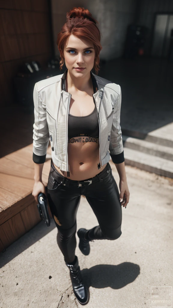 ((Courtney Hope)), red hair, asymmetrical hair, short ponytail, wavy hair, sidelocks, low ponytail, serious, seductive smile, Jesse Faden from video game "Control", Fitted (Black) motorcycle/bomber jacket 1/4 cropped, (tight (black) micro bikini top under jacket), Skin tight (white) jeans, (strong glutes), matte black leather motorcycle boots, Slim but lightly toned build, Small bust, wide shot, from above, ((pinup pose)), UHD, 16k, textured skin, best quality, anatomically correct, accurate, masterpiece, (promotional art), (full body portrait)