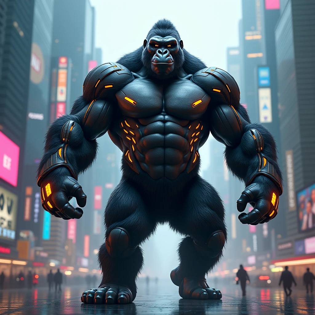 "Illustrate a hyper-realistic image of a gorilla standing with its arms spread wide in an open, confident pose, smiling with a look of unwavering determination. The gorilla is dressed in a tight-fitting, high-tech suit with LED-lit designs. The background includes a modern cityscape with towering buildings and a bustling atmosphere."