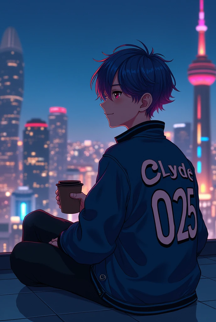Cool anime Boy Chilling in the night rooftop with the back of his jacket name Clyde025 while holding a cup of coffee while looking the cities 
