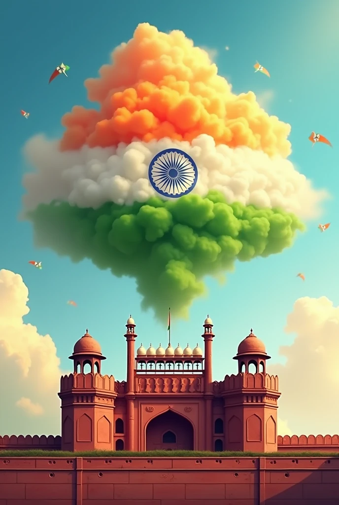 Create a realistic image 
- Lal Kila ke oopar Tiranga ke rangon se banaya gaya ek badal, jisme "Mukesh wishes you Happy Independence Day" likha ho.
