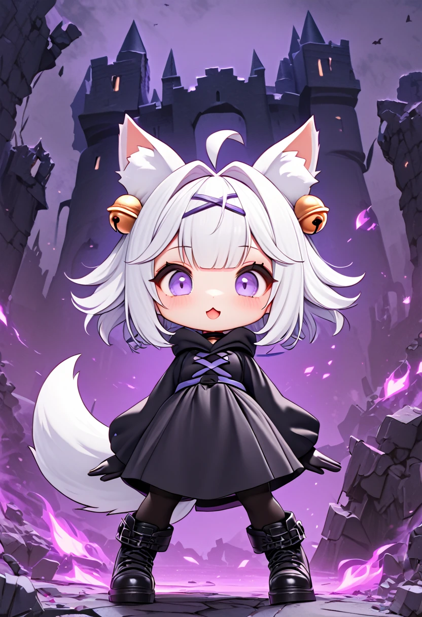 master piece, best quality, ultra-detailed, illustration, midnight, battlefield, gloomy atmosphere, broken castle, broken walls, ruins, purple flames, 1girl, solo, chibi, (big head), cute pose, front view, looking at viewer, ((full body Close up)), chubby, fat, filian, filianoverall, Filiansailor, ((white hair)) , short hair, shoulder length hair, fly-away hair, bangs, hairclip, purple hair ornament, cat ears, (hair bell:1.3) ahoge, purple eyes, open mouth, smiling, (white fluffy fox tail), (black tattered robe), long gown, black arm sleeves, black gloves, black stockings, black boots, army of skeleton background