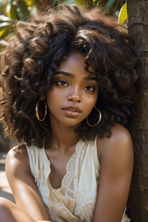 "Create a highly realistic image of Ayana, a young woman with deep brown skin and natural, voluminous curly hair styled in a tight, defined afro. Her hair is dense, textured, and slightly frizzy at the edges. She has large, expressive eyes with natural, slightly arched eyebrows that frame her face. Her nose is delicately shaped, and she has full, natural lips with a subtle, natural sheen. Ayana is wearing a sleeveless top with intricate, elegant patterns that add texture and contrast. The lighting is natural, casting soft shadows that highlight the contours of her face, giving a warm glow to her skin. The background includes blurred greenery and a wooden structure, with a focus on her face and hair. Emphasize skin texture, hair details, and the interplay of light and shadow to enhance realism and closely match her original appearance."